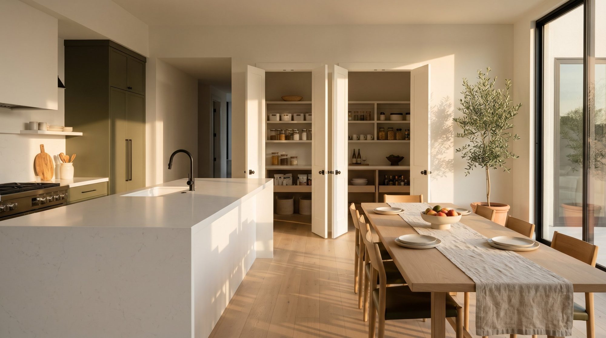 Cocina abierta con despensa ordenada y mesa lista para recibir